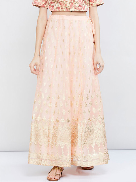 

max Women Peach & Gold-Colour Printed Flared Maxi Skirt