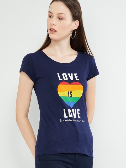 

max Women Navy Blue Printed Round Neck T-shirt