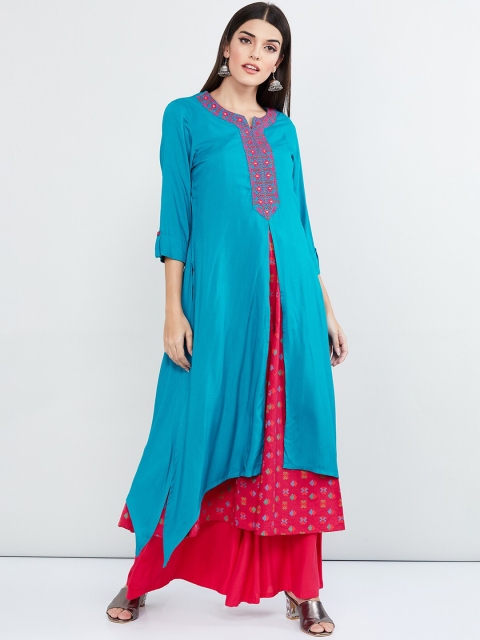 max Women Blue Solid A-Line Kurta