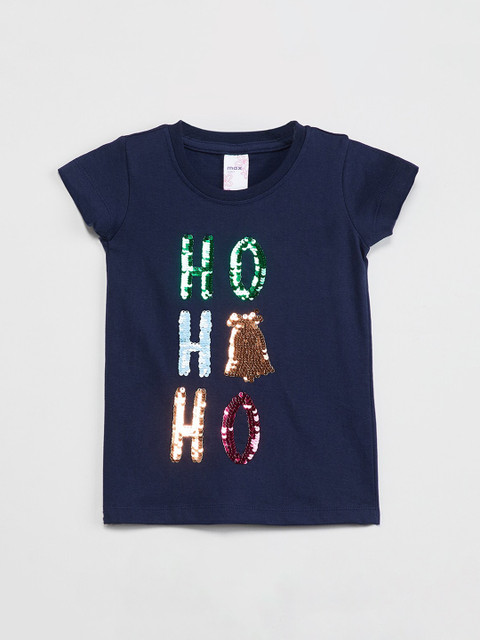 

max Girls Blue Printed Round Neck T-shirt