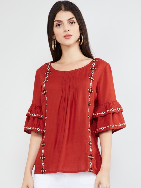 

max Women Red Embroidered A-Line Top
