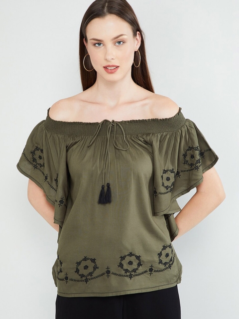 

max Women Olive Green Embroidered Top