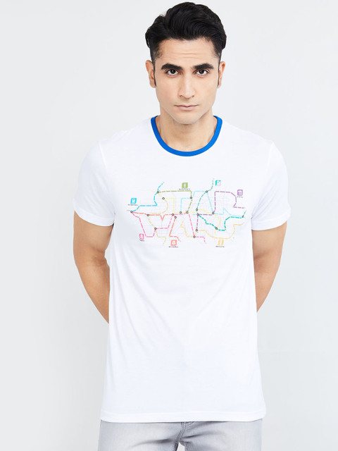 

max Men White Printed Round Neck T-shirt