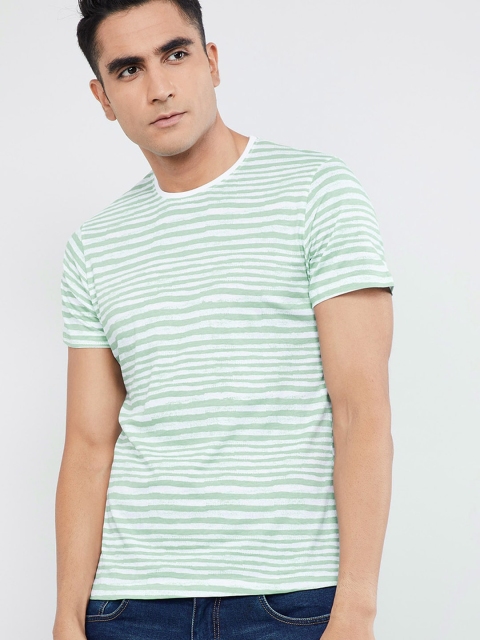 

max Men Green & Off-White Striped Round Neck T-shirt