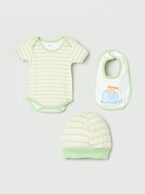 

Max Boys Set of 3 White & Green Striped Bodysuit With Beanie & Bib Baby Apparel Gift Set