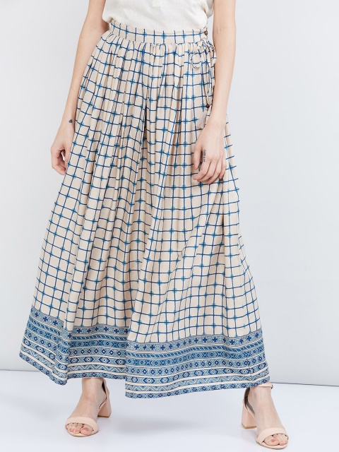 

max Women Cream-Coloured & Blue Checked Flared Maxi Skirt