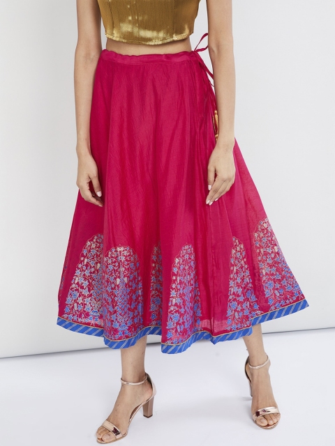 

max Women Pink & Blue Printed Flared Midi Skirt