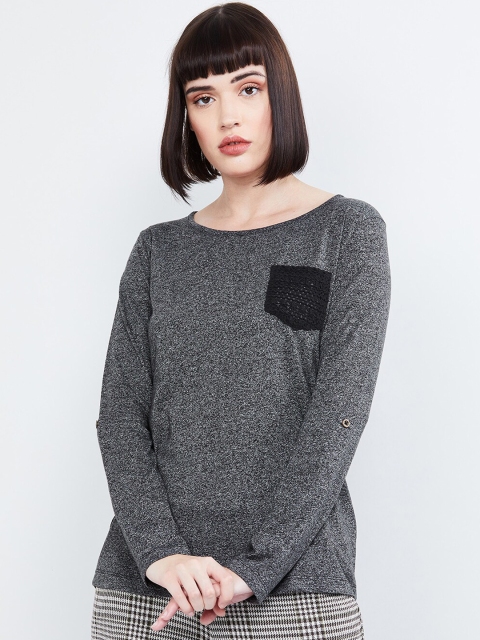 

max Women Grey Melange Solid Round Neck T-shirt