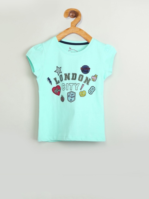 

max Girls Turquoise Blue Printed Round Neck T-shirt