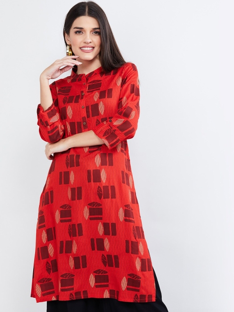 max Women Coral Red Printed Straight Kurta