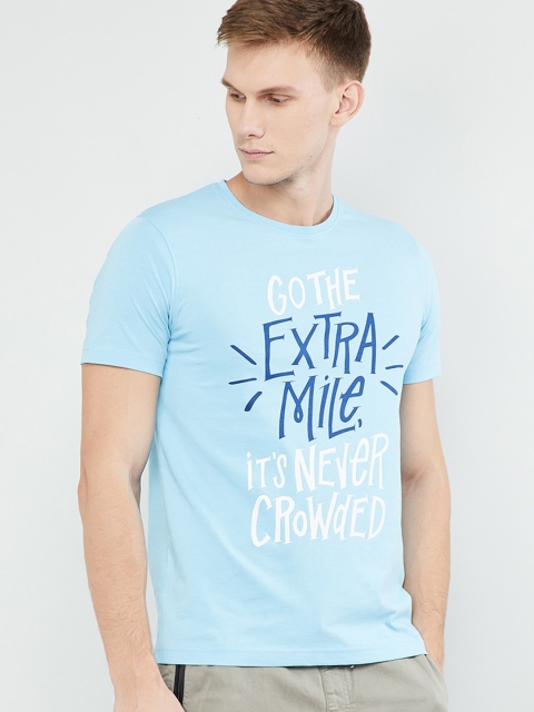 

max Men Blue Printed Round Neck T-shirt