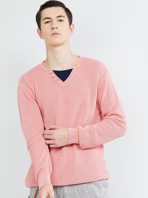 

max Men Pink Self Design V-Neck T-shirt