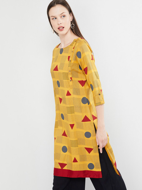 

max Women Yellow Printed Straight Kurta
