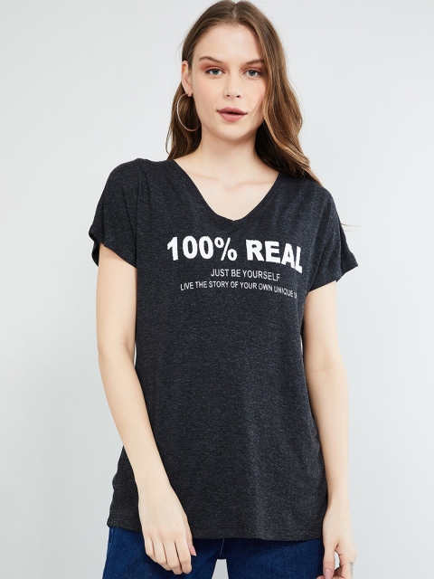 max Women Charcoal Grey Printed Round Neck T-shirt