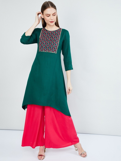 

max Women Green Embroidered A-Line Kurta