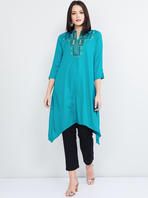 

max Women Teal Blue Embroidered Straight Kurta