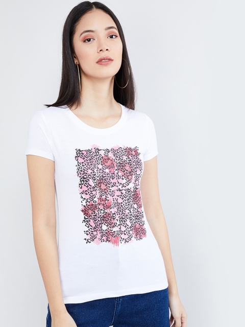 

max Women White Printed Round Neck T-shirt