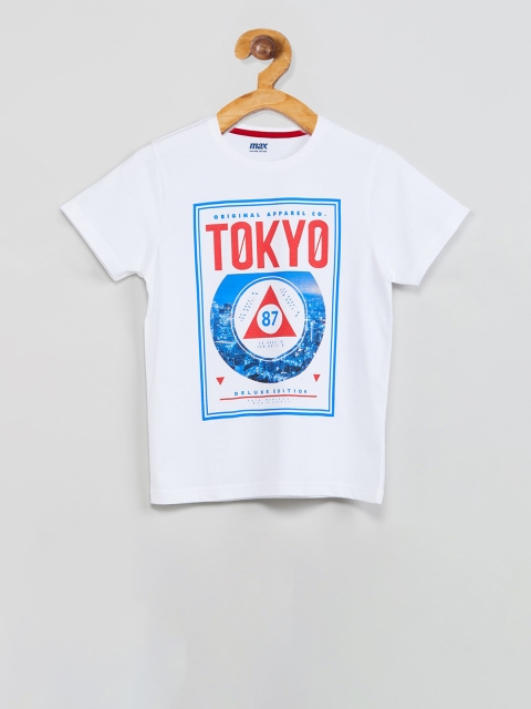 

max Boys White & Blue Printed Round Neck T-shirt