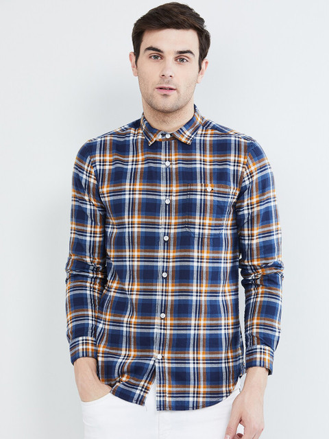 

max Men Blue & Yellow Slim Fit Checked Casual Shirt