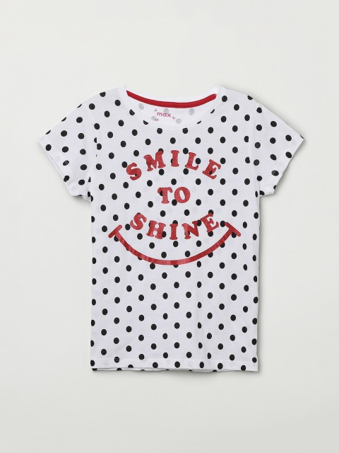 

max Girls White & Black Printed Round Neck T-shirt