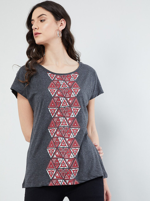 

max Women Grey Printed Round Neck T-shirt
