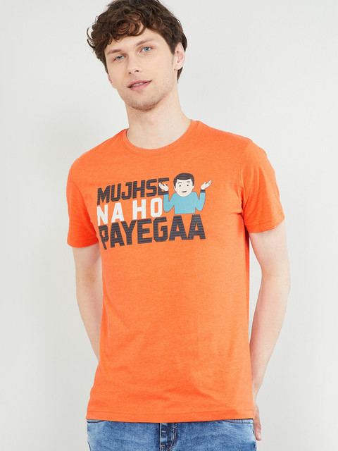 

max Men Orange Printed Round Neck T-shirt