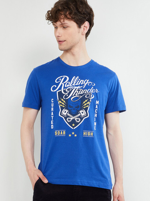 

max Men Blue Printed Round Neck T-shirt