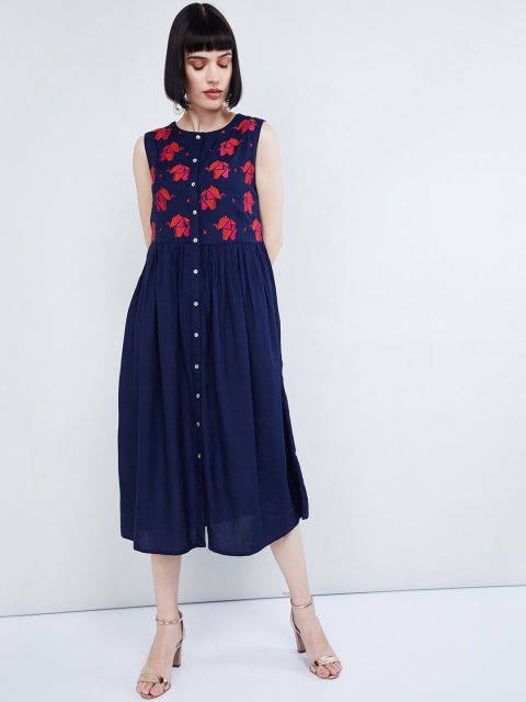 

max Women Navy Blue Embroidered A-Line Dress