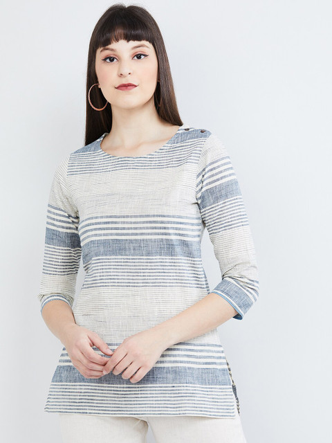 

max Women Off White & Blue Striped Pure Cotton A-Line Kurti