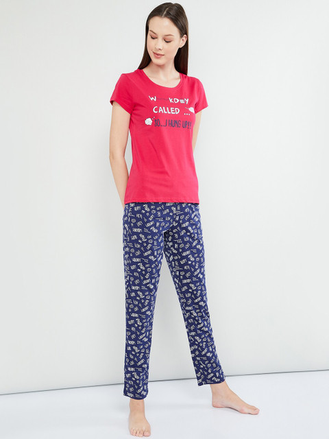 

max Women Fuchsia Pink & Navy Blue Printed Night Suit