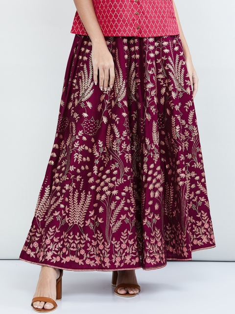 

max Women Burgundy & Gold-Coloured Printed Flared Maxi Skirt