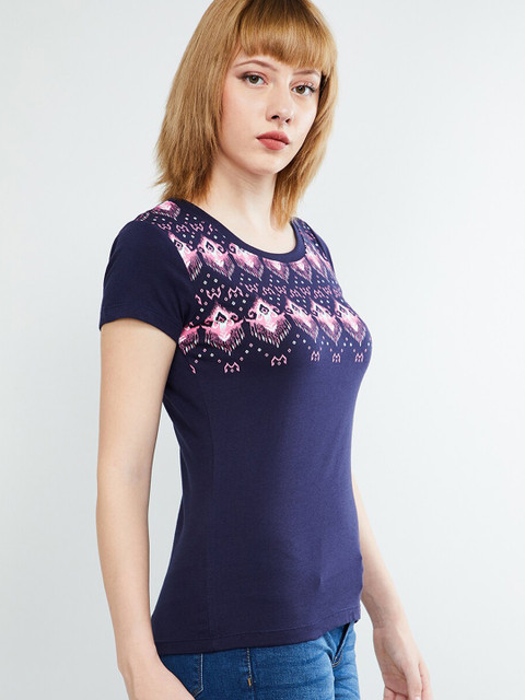 

max Women Navy Blue Printed Round Neck T-shirt