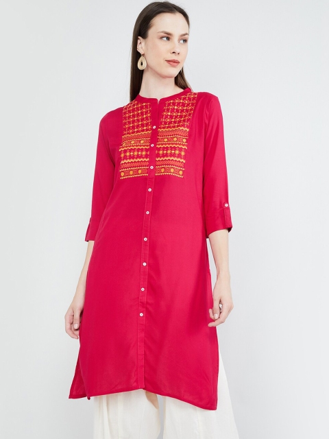

max Women Pink & Yellow Printed Straight Kurta