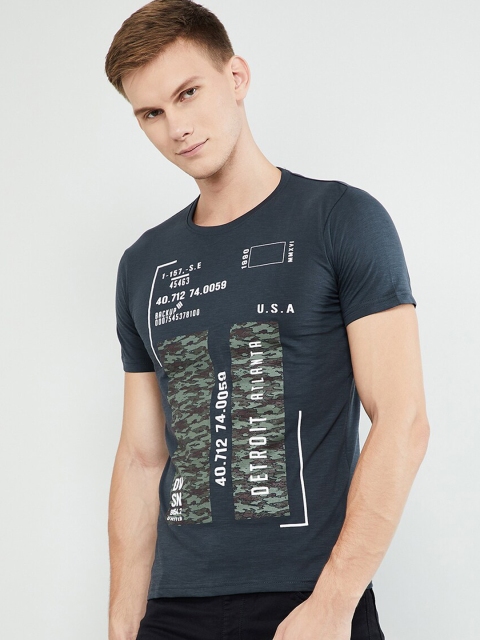 

max Men Grey Printed Round Neck T-shirt