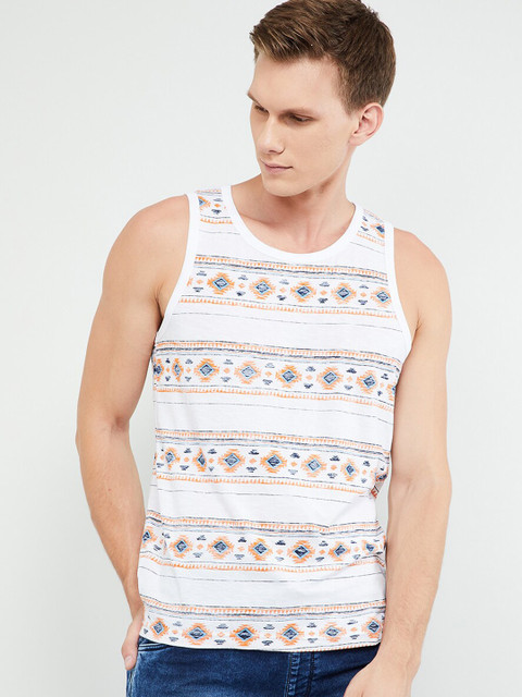

max Men White & Blue Printed Round Neck Sleeveless T-shirt