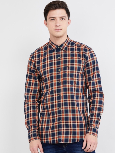 

max Men Beige & Navy Blue Checked Casual Shirt