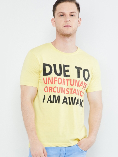 

max Men Yellow Printed Round Neck T-shirt