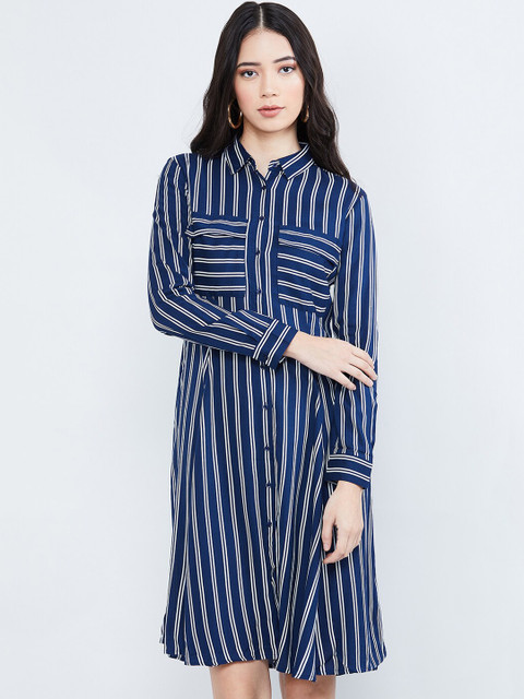 

max Women Navy Blue & White Striped Shirt Dress