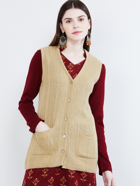 

max Women Beige Self Design Cardigan Sweater