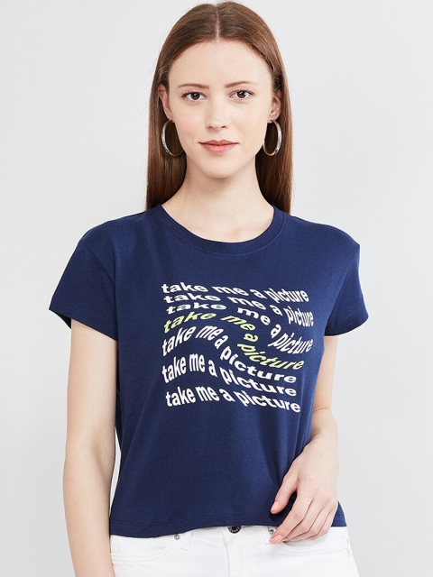 max Women Blue Printed Round Neck T-shirt