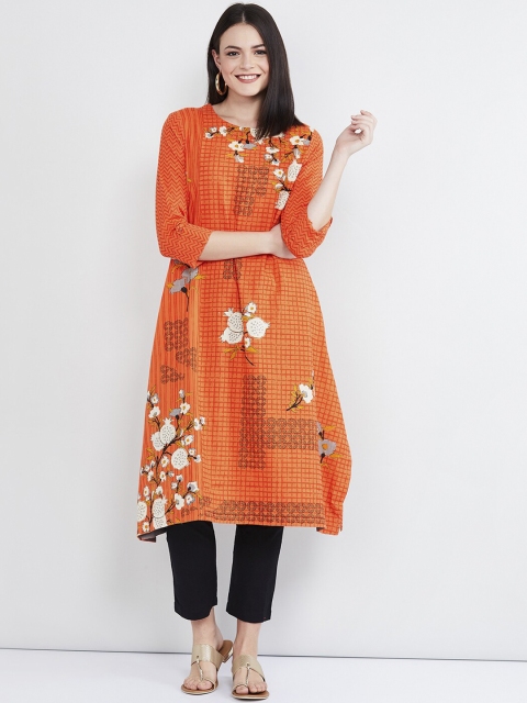 max Women Orange & Off-White Printed Straight Kurta