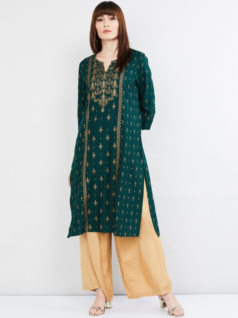 

max Women Green & Beige Printed Straight Kurta
