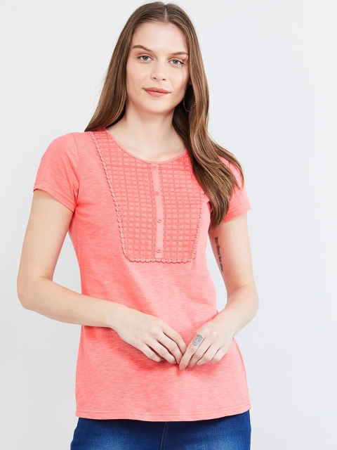 

max Women Peach-Coloured Solid Knitted Pure Cotton Top