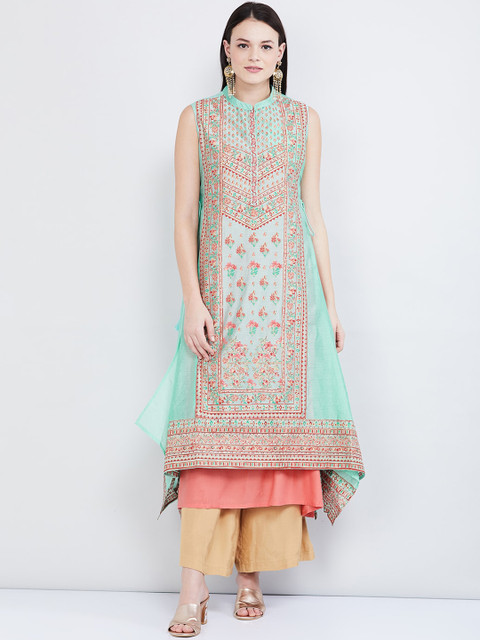 

max Women Sea Green & Pink Printed A-Line Layered Kurta