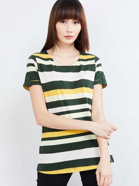 

max Women Olive Green Striped Round Neck T-shirt