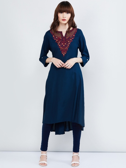 

max Women Navy Blue & Red Yoke Design A-Line Kurta