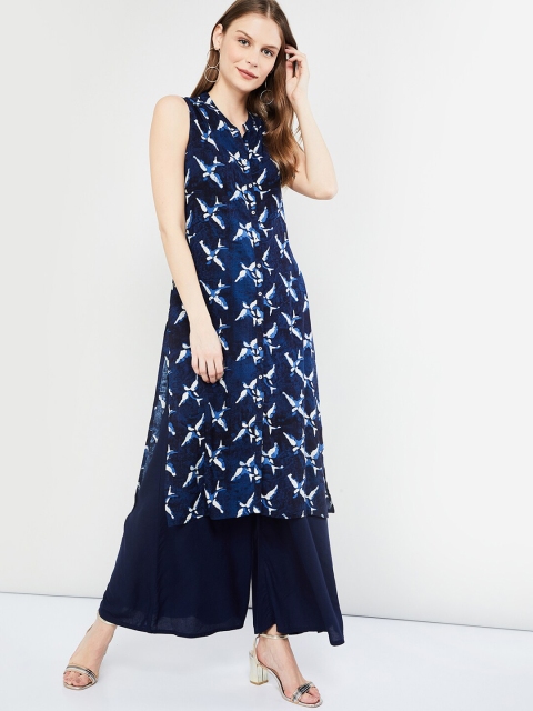 

max Women Blue Printed Straight Kurta
