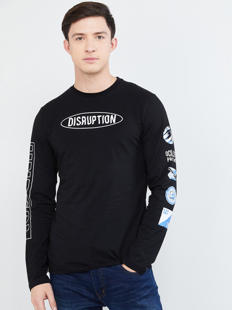 

max Men Black Printed Round Neck T-shirt