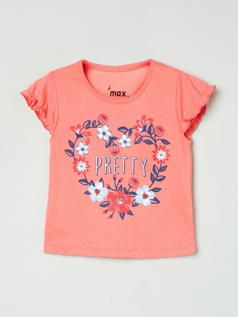 max Girls Peach-Coloured Printed Pure Cotton Top