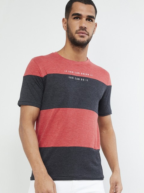 

max Men Red & Grey Striped Slim Fit Round Neck T-shirt
